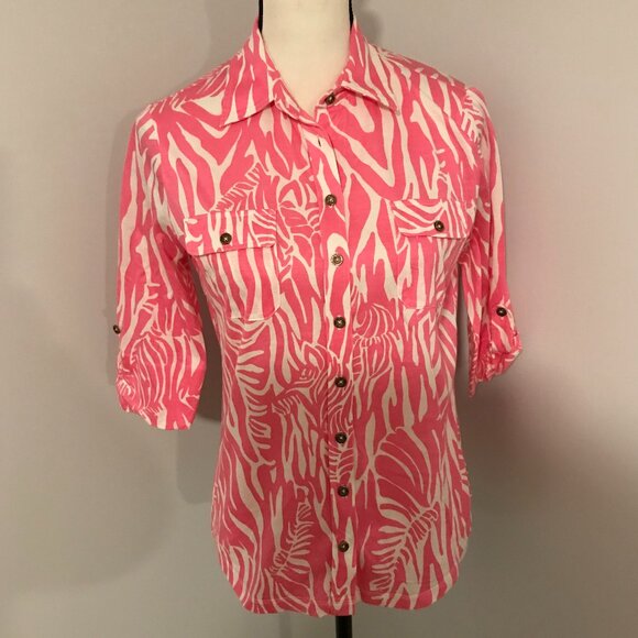 LILLY PULITZER Hot Pink Zebra Striped Shirt - Size Small - Picture 1 of 11